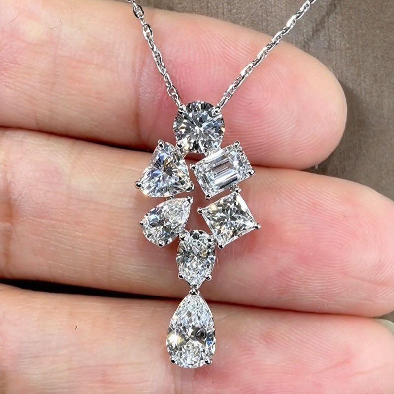 Jzora Handmade Asymmetric Mixed-Cut Geometric Sterling Silver Pendant Necklace