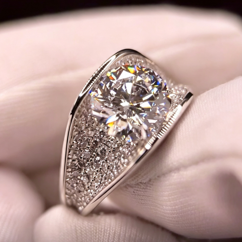 Jzora Handmade Elegant Round Cut Moissanite Center Stone Zircon Pavé Statement Ring