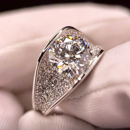 Jzora Handmade Elegant Round Cut Moissanite Center Stone Zircon Pavé Statement Ring