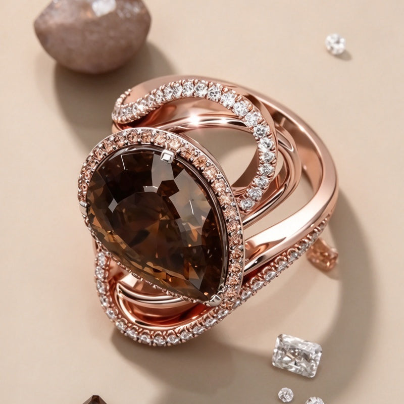 Jzora Handmade Pear-Cut Smoky Brown Interwoven Halo Statement Ring