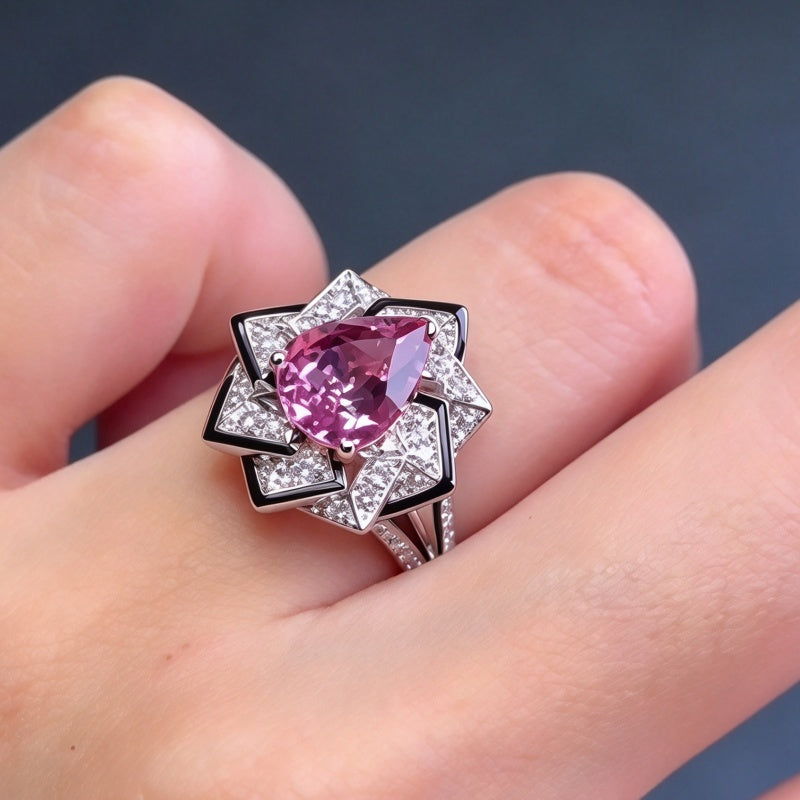 Jzora Handmade Pear Cut Morganite Geometric Rose Bridal Statement Ring