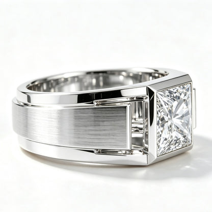Jzora Handmade Princess Cut White Moissanite Men's Wide Band Geometric Ring