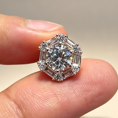 Jzora Handmade Round CZ Octagon Halo Baguette Pave Stud Earrings