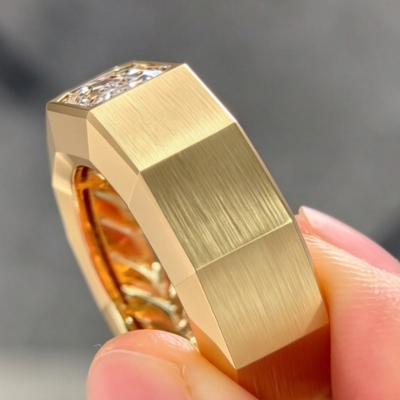 Jzora Handmade Emerald Cut Moissanite Men’s Brushed Faceted Wide Band Ring