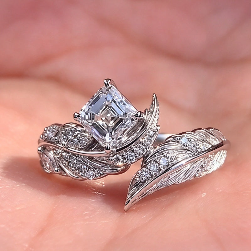 Jzora Handmade Asscher Cut Moissanite Sculpted Feather Pave Engagement Ring