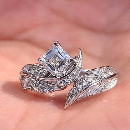 Jzora Handmade Asscher Cut Moissanite Sculpted Feather Pave Engagement Ring