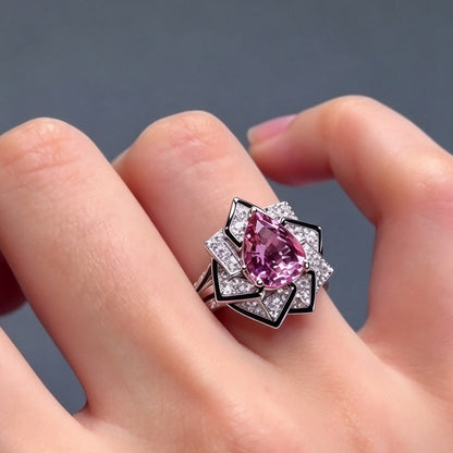 Jzora Handmade Pear Cut Morganite Geometric Rose Bridal Statement Ring