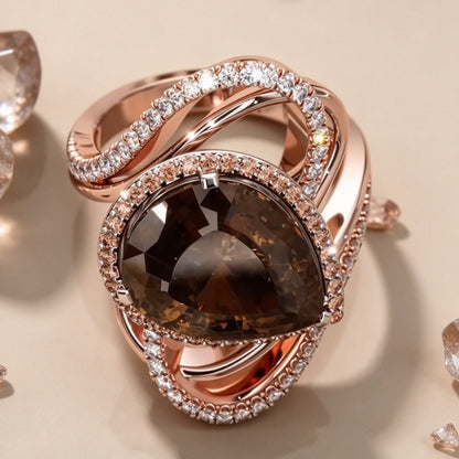 Jzora Handmade Pear-Cut Smoky Brown Interwoven Halo Statement Ring
