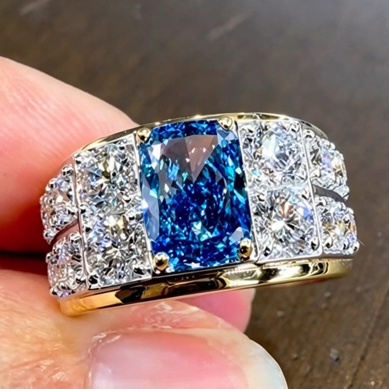 Jzora Handmade Cushion Cut Bold Blue Geometric Two-Tone Men's Ring