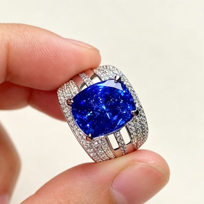 Jzora Handmade Cushion Cut Deep Royal Blue Zircon Men's Wide Pave Halo Luxury Ring