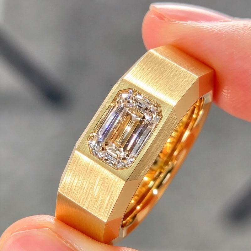 Jzora Handmade Emerald Cut Moissanite Men’s Brushed Faceted Wide Band Ring
