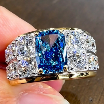 Jzora Handmade Cushion Cut Bold Blue Geometric Two-Tone Men's Ring