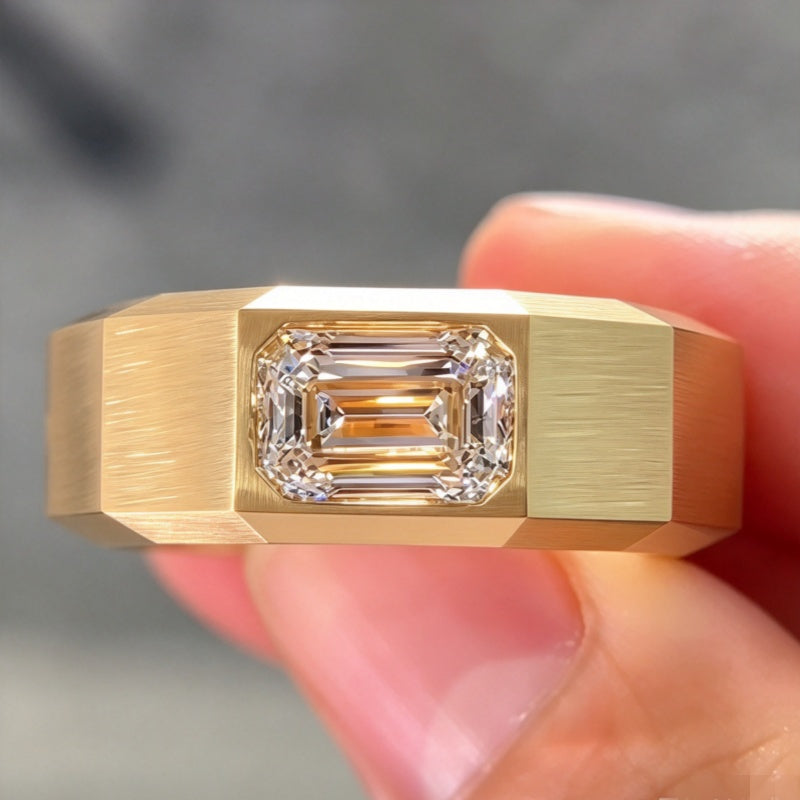 Jzora Handmade Emerald Cut Moissanite Men’s Brushed Faceted Wide Band Ring