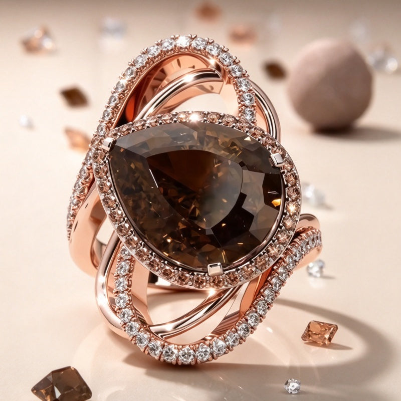Jzora Handmade Pear-Cut Smoky Brown Interwoven Halo Statement Ring