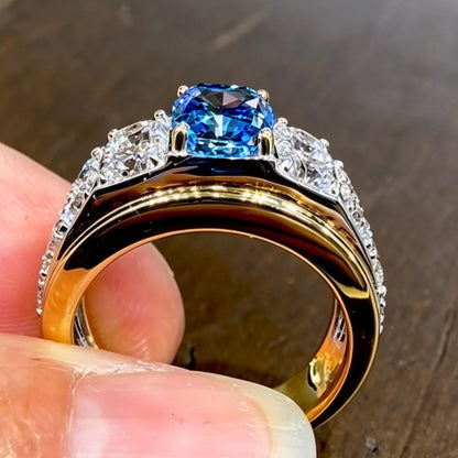 Jzora Handmade Cushion Cut Bold Blue Geometric Two-Tone Men's Ring