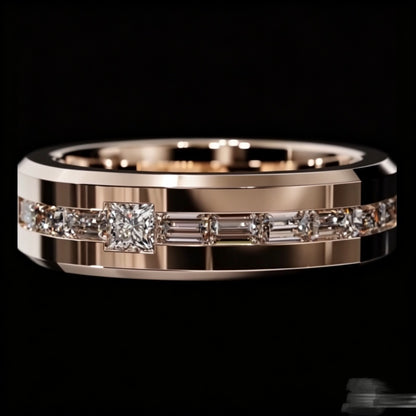 Jzora Handmade Rose‑Gold Channel‑Set Princess & Baguette Cut Moissanite Men’s Band Ring