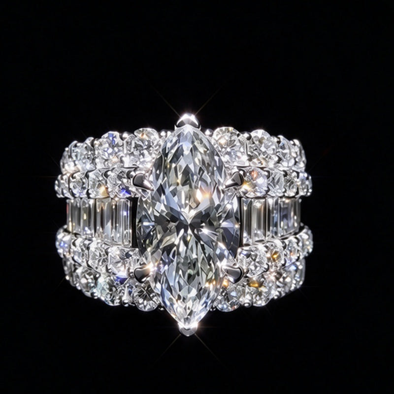 Jzora Handmade Marquise‑Cut Center Stone Three‑Row Pavé Wide Luxury Ring