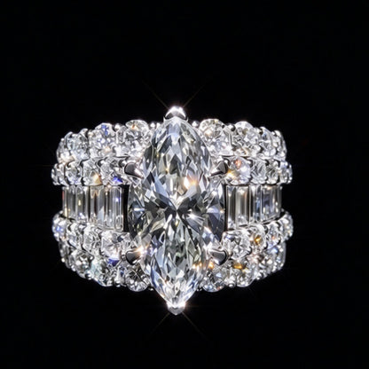 Jzora Handmade Marquise‑Cut Center Stone Three‑Row Pavé Wide Luxury Ring