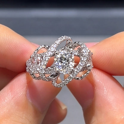 Jzora Handmade Oval Moissanite Triple-Stone Pavé Halo Promise Ring