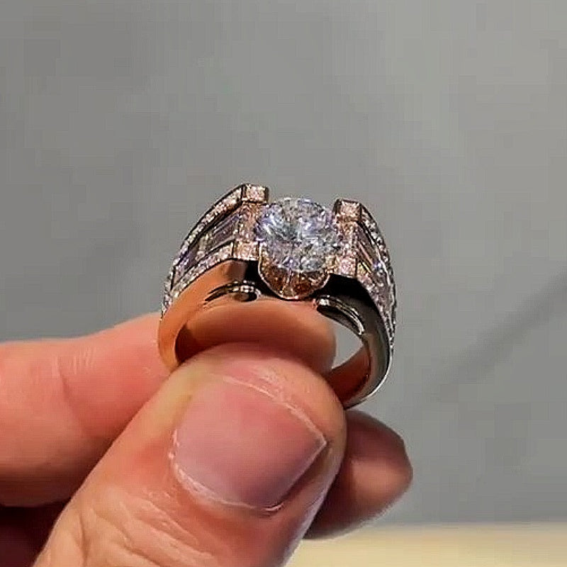 Jzora handmade 3ct round brilliant center baguette halo luxury statement men's ring