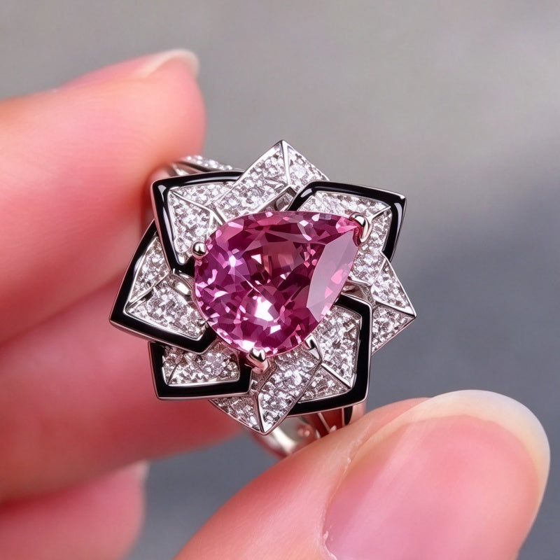 Jzora Handmade Pear Cut Morganite Geometric Rose Bridal Statement Ring