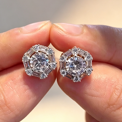 Jzora Handmade Round CZ Octagon Halo Baguette Pave Stud Earrings