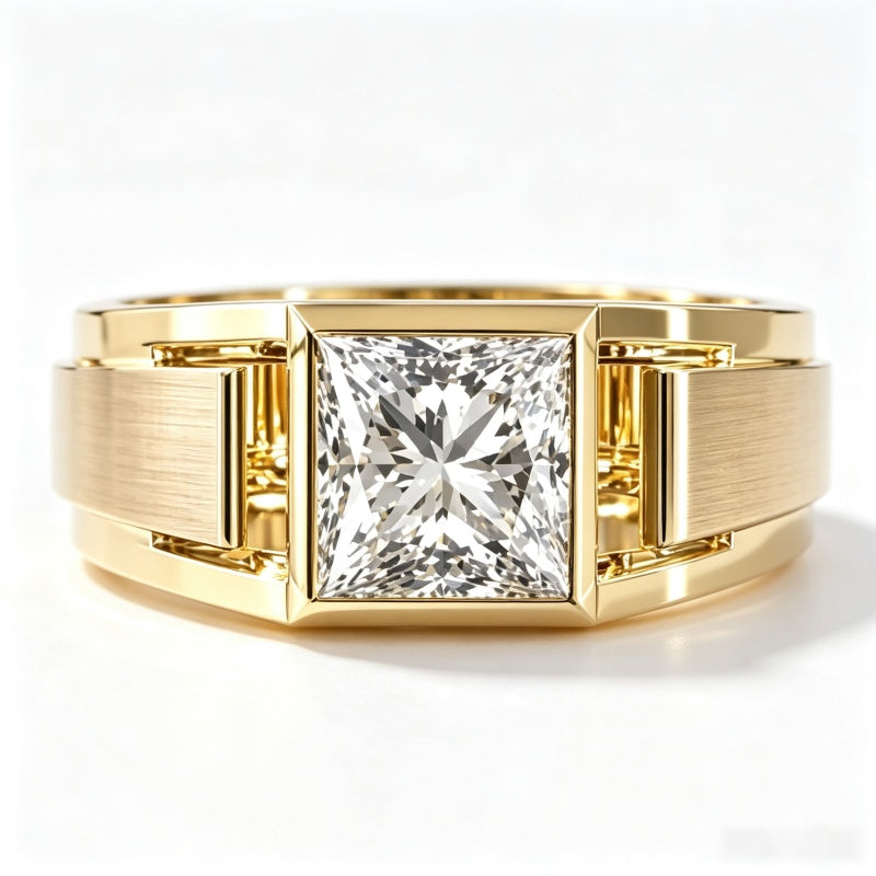 Jzora Handmade Princess Cut White Moissanite Men's Wide Band Geometric Ring