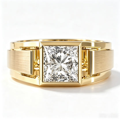 Jzora Handmade Princess Cut White Moissanite Men's Wide Band Geometric Ring