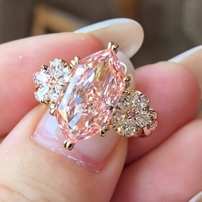 Jzora Handmade Marquise Cut Morganite Dual Floral Cluster Accent Engagement Ring