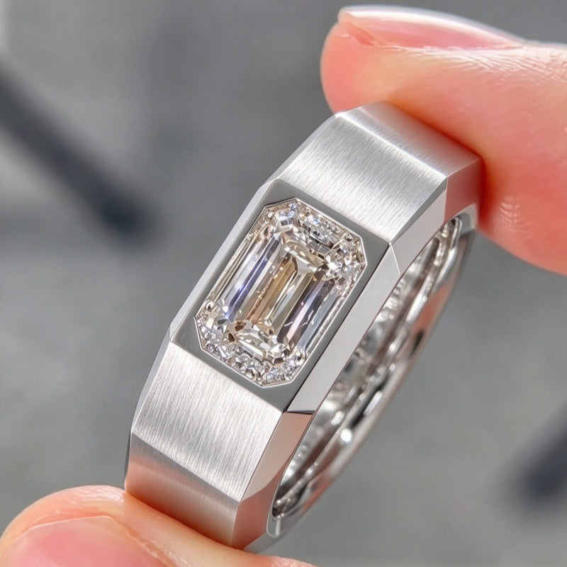 Jzora Handmade Emerald Cut Moissanite Men’s Brushed Faceted Wide Band Ring