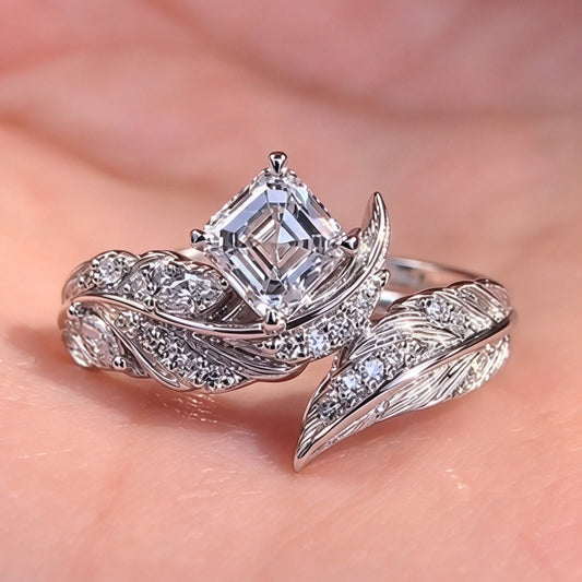 Jzora Handmade Asscher Cut Moissanite Sculpted Feather Pave Engagement Ring