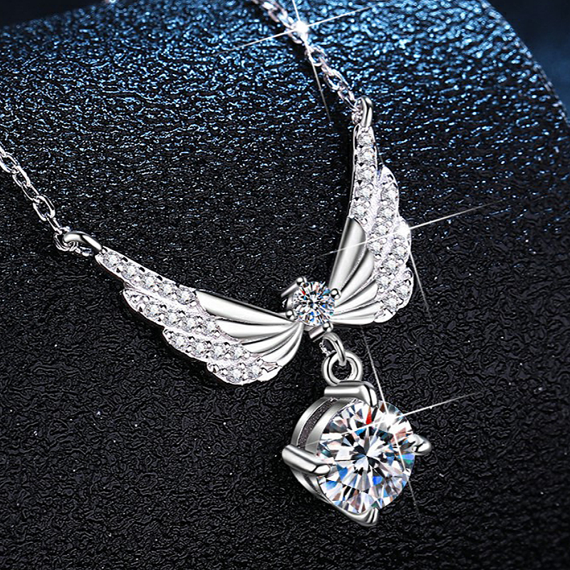Jzora Handmade 1CT Round Moissanite Angel Wing Pave Sterling Silver Necklace