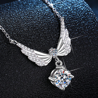 Jzora Handmade 1CT Round Moissanite Angel Wing Pave Sterling Silver Necklace