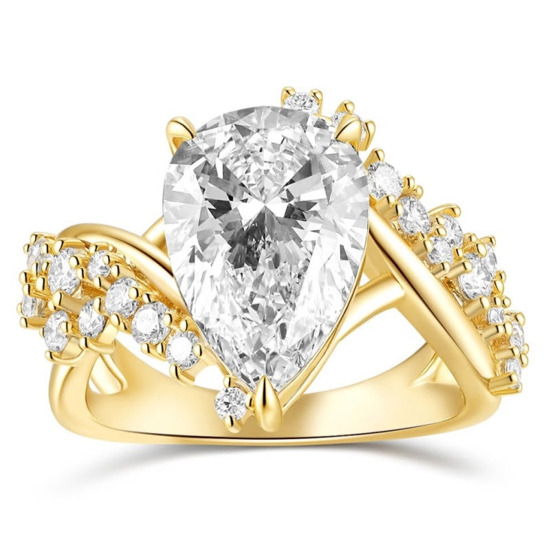 Jzora handmade 2.5ct pear cut halo gold-tone sterling silver engagement promise ring