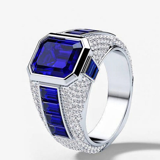Jzora handmade royal blue emerald cut halo pavé side stones men’s ring