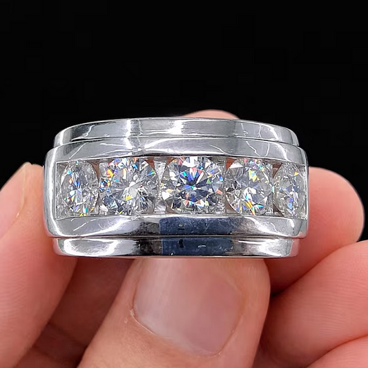 Jzora Handmade Classic Five Stone Round Brilliant Channel Set Men's Band Ring