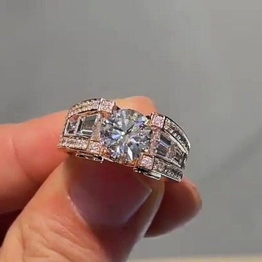 Jzora handmade 3ct round brilliant center baguette halo luxury statement men's ring