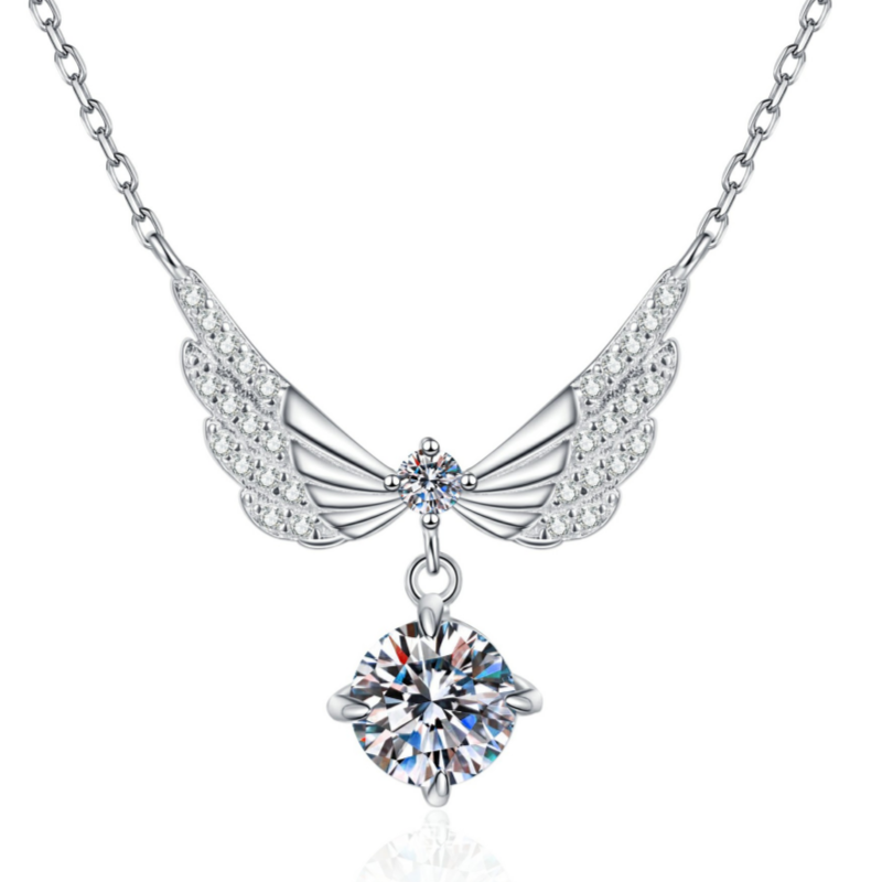 Jzora Handmade 1CT Round Moissanite Angel Wing Pave Sterling Silver Necklace