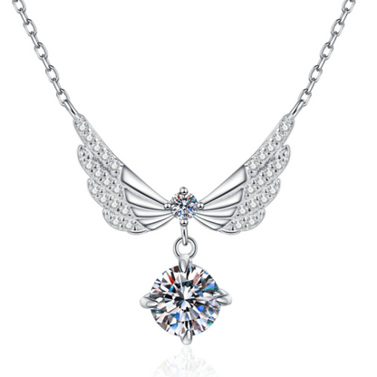 Jzora Handmade 1CT Round Moissanite Angel Wing Pave Sterling Silver Necklace