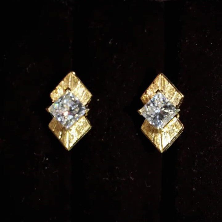 Jzora Handmade Textured Gold Princess Cut Moissanite Stylish Earrings