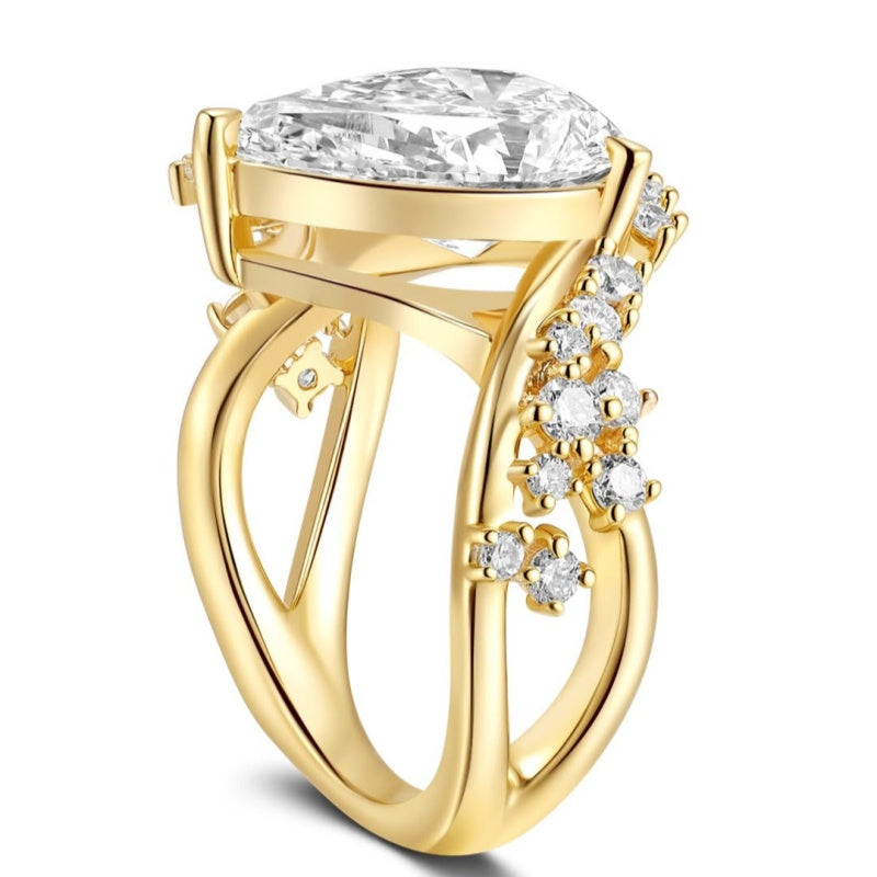 Jzora handmade 2.5ct pear cut halo gold-tone sterling silver engagement promise ring