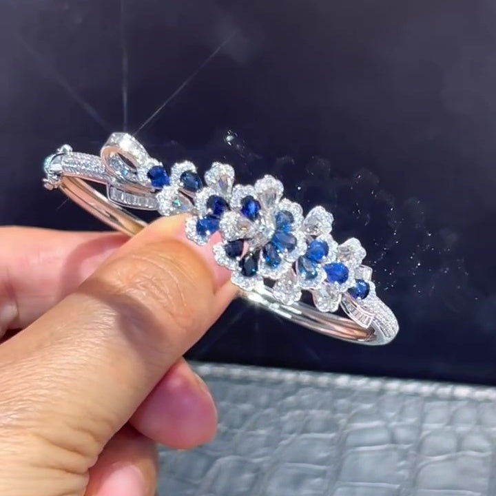 Jzora Handmade Sapphire CZ Floral Cuff Bangle Bracelet