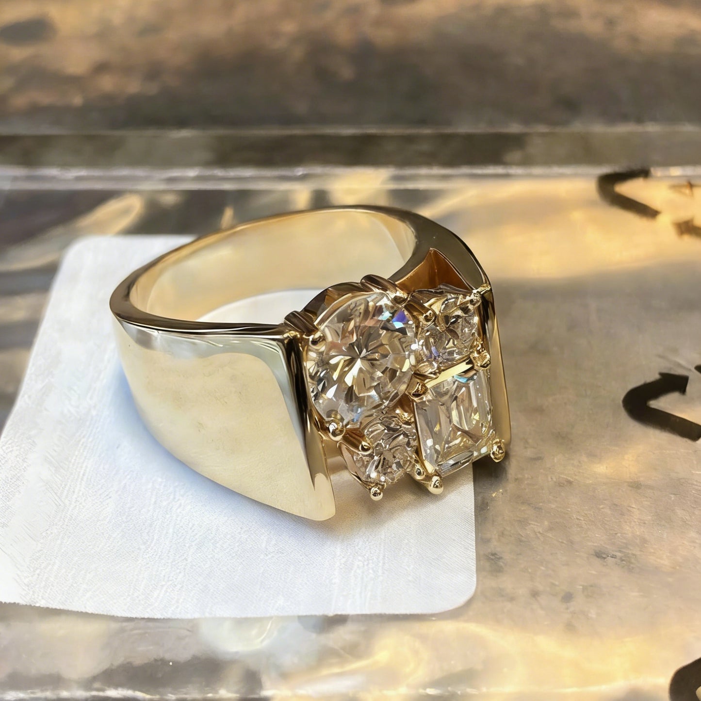 Jzora Handmade Vintage Round and Emerald Cut Men's Wide Band Ring