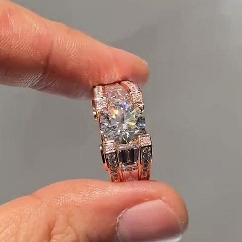 Jzora handmade 3ct round brilliant center baguette halo luxury statement men's ring