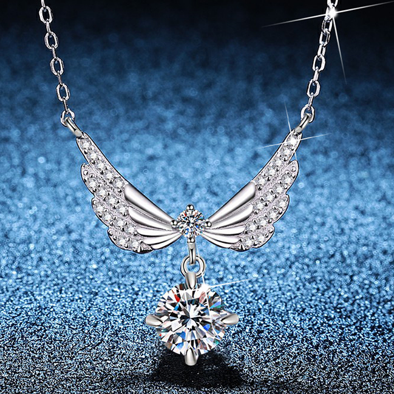 Jzora Handmade 1CT Round Moissanite Angel Wing Pave Sterling Silver Necklace
