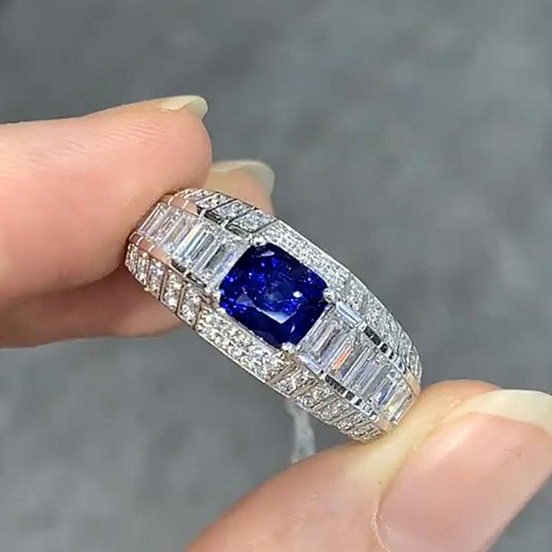Jzora handmade luxury blue sapphire radiant cut  baguette halo men’s ring