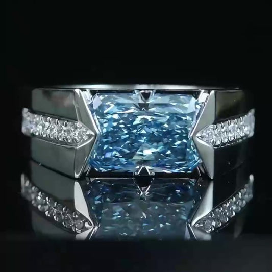Jzora handmade radiant & luxury blue ice sterling silver men's ring