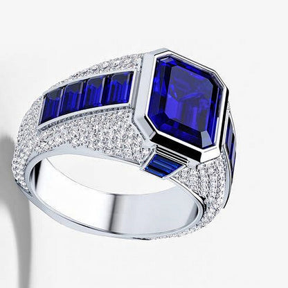 Jzora handmade royal blue emerald cut halo pavé side stones men’s ring
