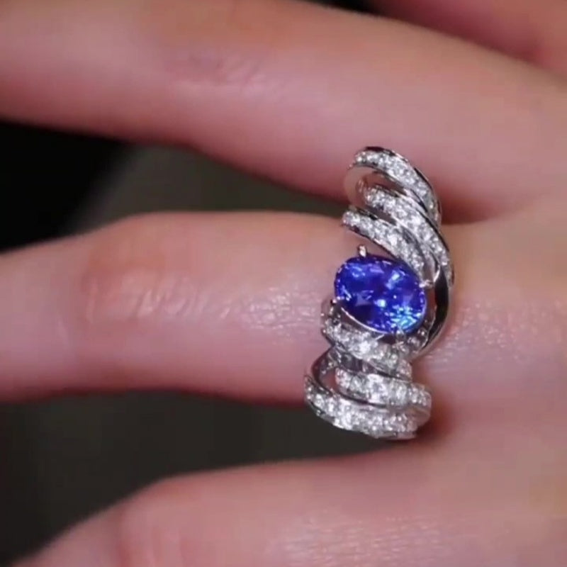 Jzora handmade ocean blaze sapphire wave sterling silver ring