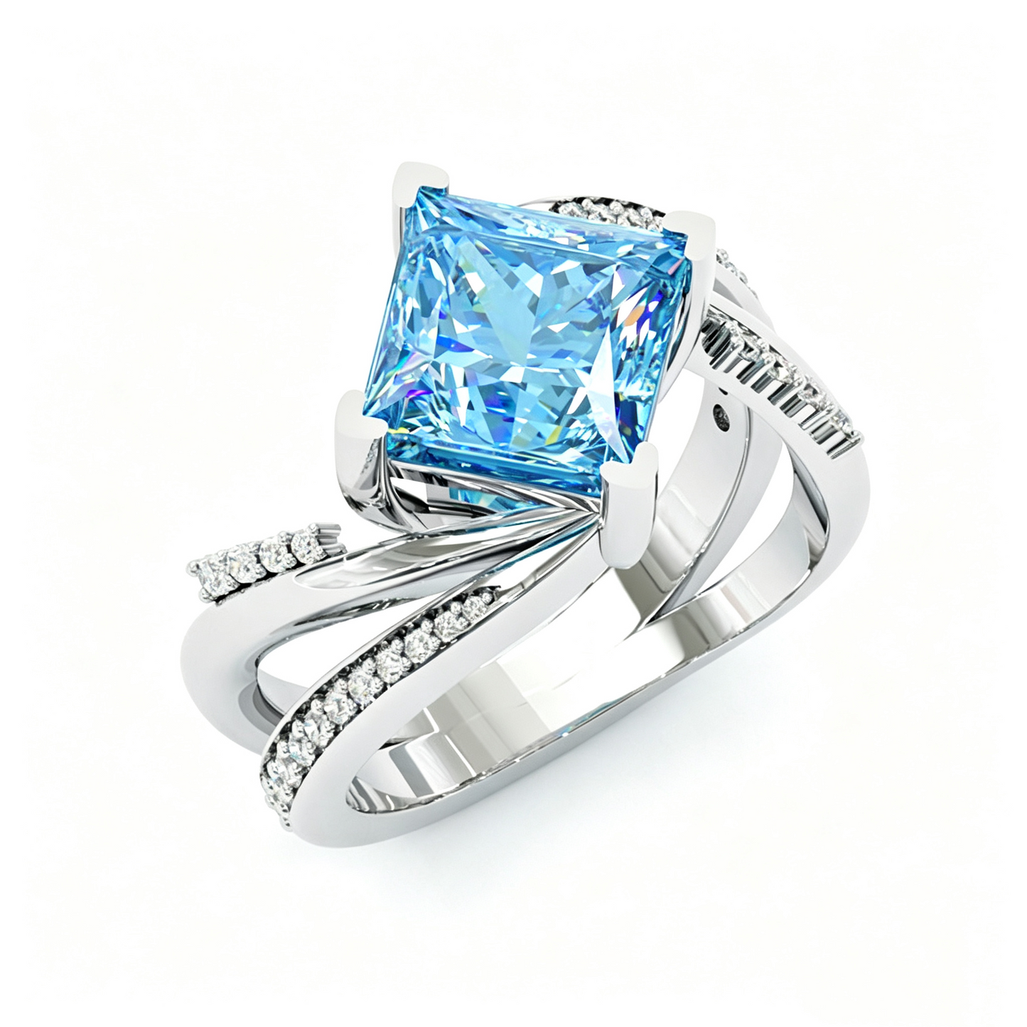 Jzora Handmade Mint Sky Blue Princess Cut Moissanite Twisted Wrap Pave Elegant Ring